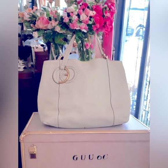 AUTHENTIC GUCCI HANDBAG SHOULDER TOTE OFF WHITE LEATHER - Picture 4 of 15